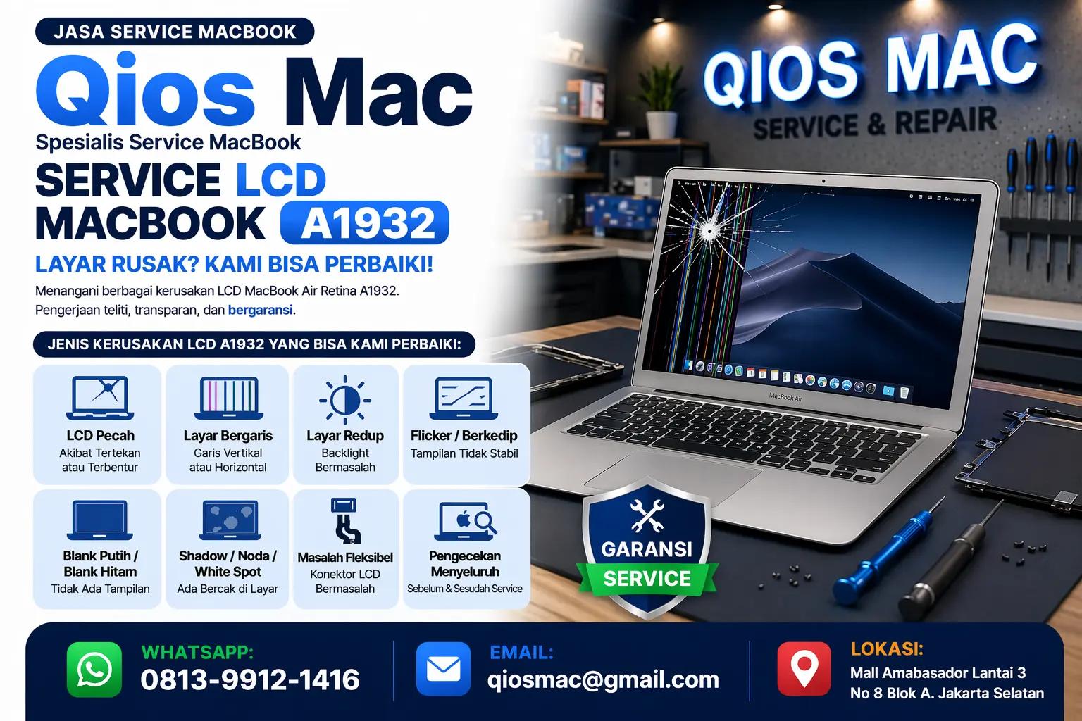 service lcd macbook a1932 qios mac jakarta selatan perbaikan layar macbook retinan pecah bergaris redup flicker