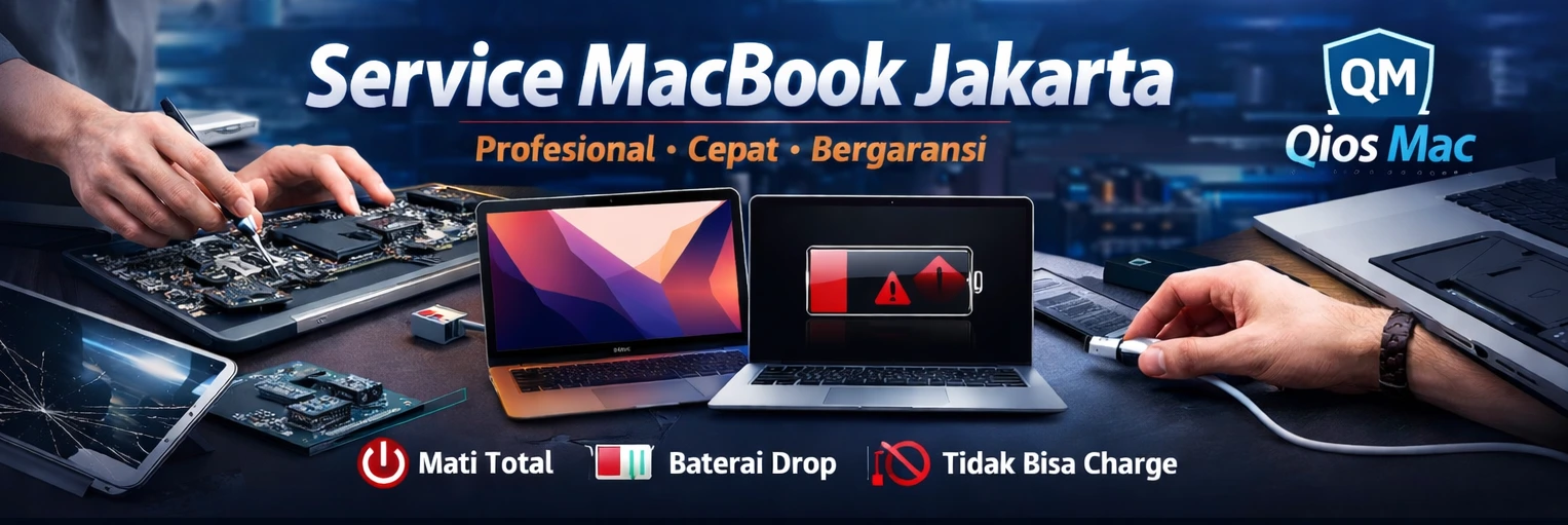Teknisi Qios Mac sedang melakukan service MacBook A3113 Jakarta dekat Mall Ambassador.