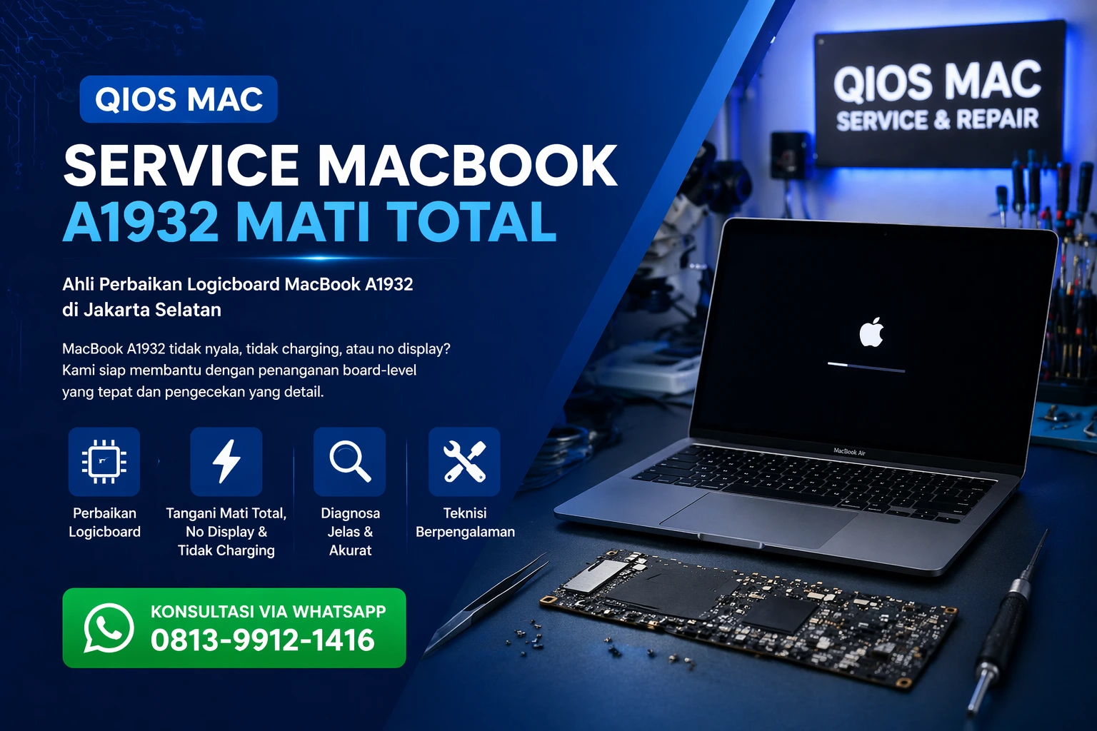 Service MacBook A1932 mati total dengan perbaikan logicboard, no display, tidak charging, dan kerusakan motherboard