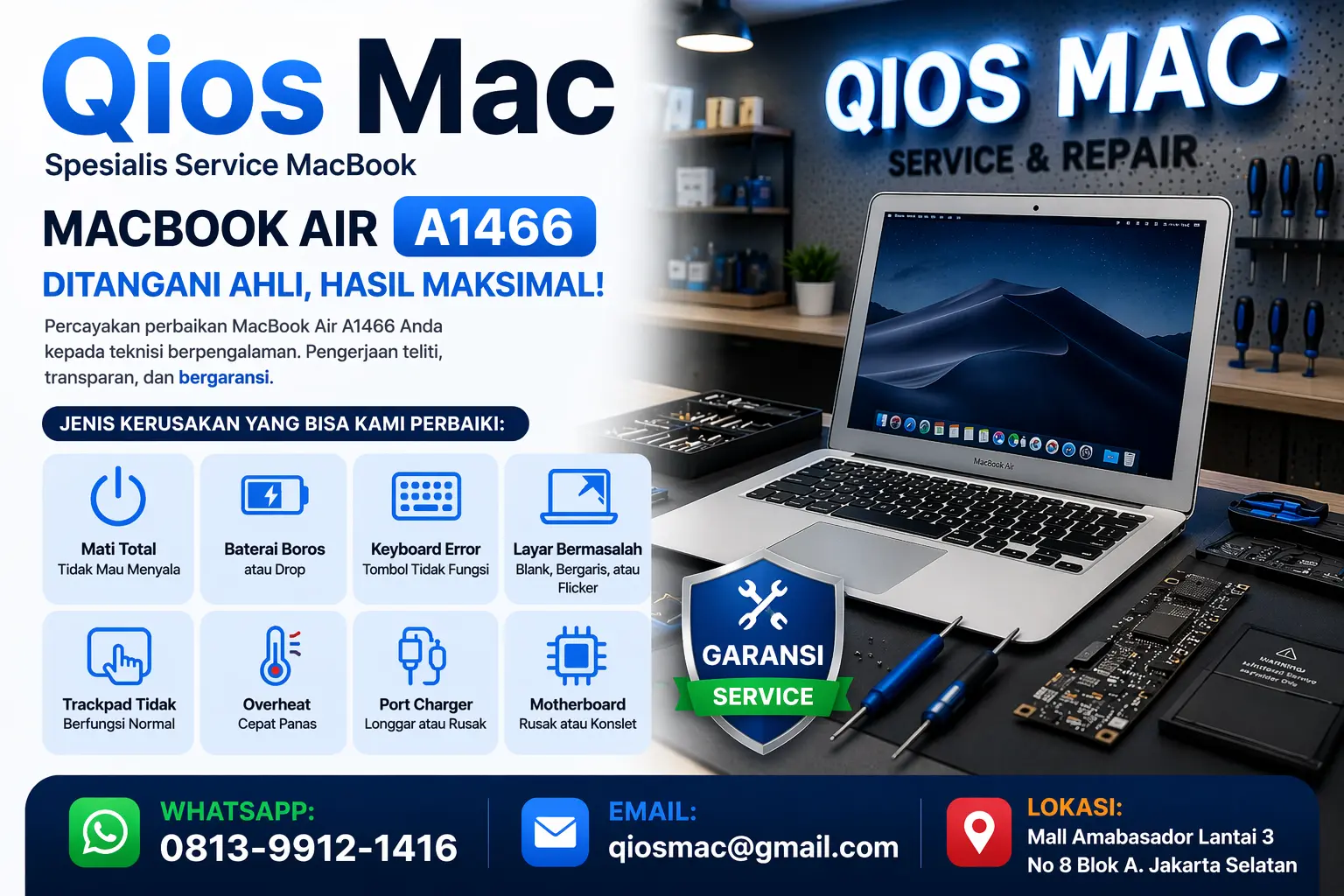 service MacBook Air A1466 Qios Mac Jakarta Selatan ganti baterai perbaikan layar keyboard motherboard