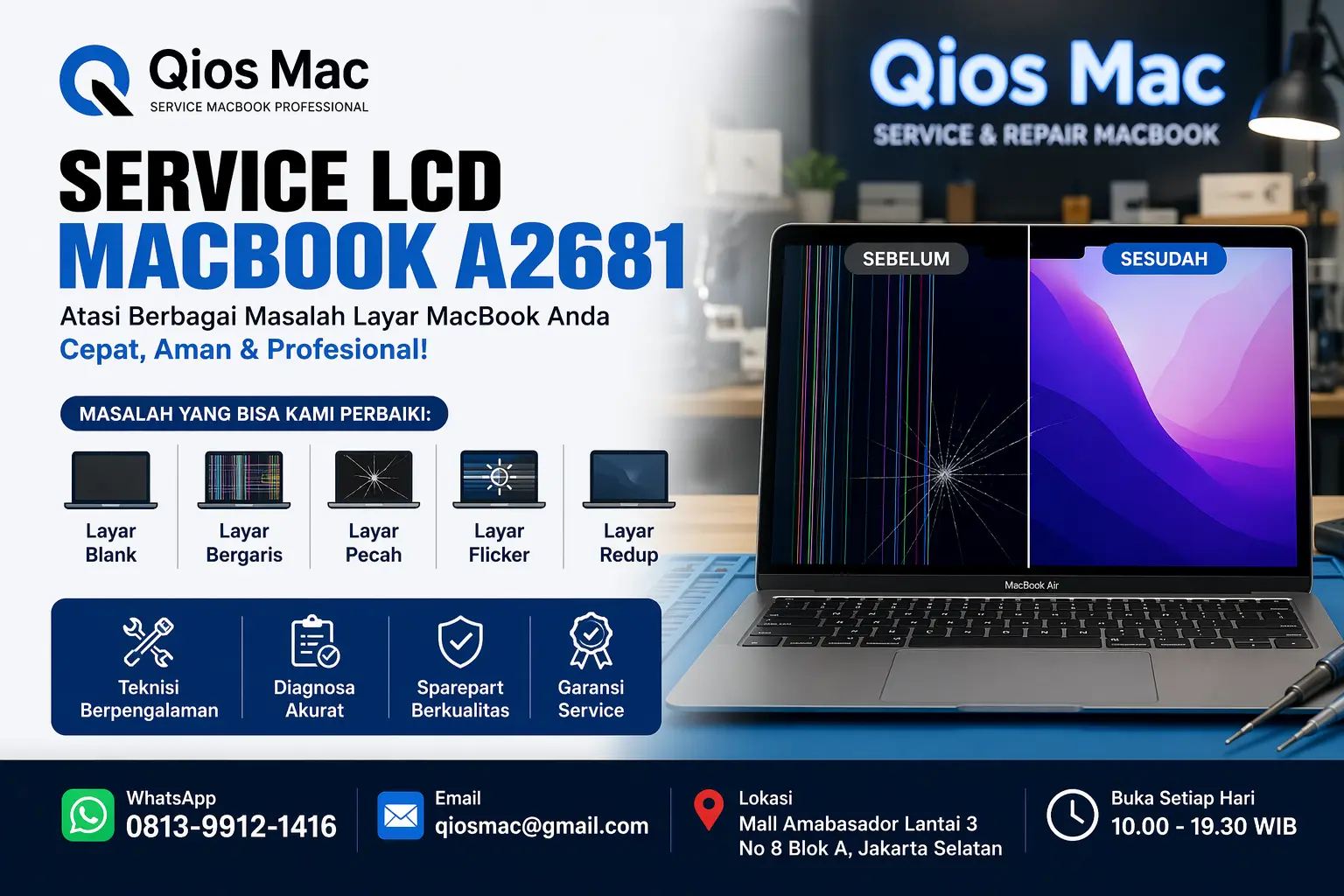 service LCD MacBook A2681 Jakarta Selatan layar rusak blank bergaris Qios Mac